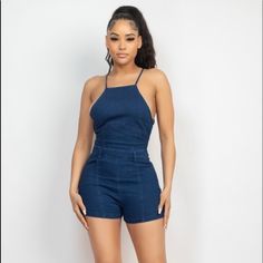 Beautiful Denim Jumpsuit Can Be Dress Up Or Down Very Comfortable. Blue Casual Mini Jumpsuits And Rompers, Fitted Blue Denim Jumpsuits And Rompers, Fitted Denim Blue Jumpsuit For Night Out, Denim Jumpsuits And Rompers For Summer Night Out, Summer High Rise Denim Jumpsuit For Night Out, High Rise Denim Jumpsuit For Summer Nights, Sleeveless Denim Jumpsuit For Night Out, High Rise Denim Jumpsuit For Night Out In Summer, Summer Denim Jumpsuit For Night Out