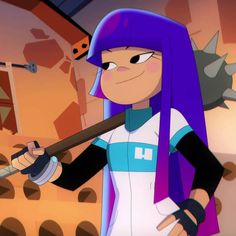 a cartoon girl with purple hair holding a baseball bat