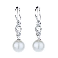 Regally divine, these pearl drop earrings are a tasteful addition to her jewelry box. Created in sterling silver, each beautiful earring showcases a beguiling 10mm white pearl and shimmering white stones. With ease and elegance, these classic pearl drop earrings complete her tailored anytime attire. Whether it's a special occasion or a daily reminder of your own resilience, this exquisite piece will accompany you on your journey, adding a touch of sophistication to your every step.Weight: 4.3 gM Dramatic Earrings, Jewelry Knowledge, Sterling Silver Rings Set, Silver Ring Set, Sterling Silver Drop Earrings, Sterling Silver Engagement Rings, Jewelry Fashion Trends, Silver Engagement Rings, Jewelry Outfit