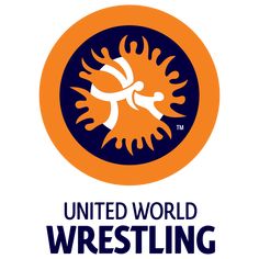 the united world wrestling logo with an orange and blue circle in the center, on a white background