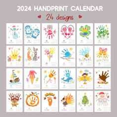 a calendar with handprints on it for children's crafts and arts projects