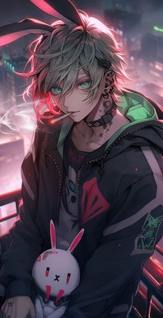 an anime character holding a bunny in his arms and looking at the camera with neon lights behind him