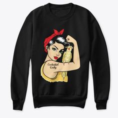 a black sweater with an image of a woman holding a bird on it's shoulder