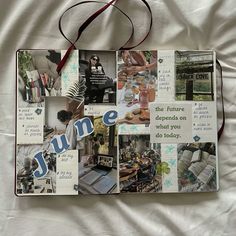 a collage of pictures and words on a white sheet with a red ribbon hanging from it