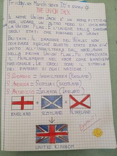 a piece of paper with writing on it and pictures of flags in different countries, including the united kingdom