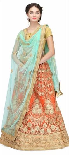 Orange color Lehenga in Net fabric with Lace, Stone, Thread work Orange Chanderi Dupatta For Reception, Orange Wedding Dupatta With Dori Work, Orange Art Silk Sharara For Wedding, Orange Lehenga With Sheer Dupatta, Traditional Drape Orange Lehenga For Wedding, Orange Wedding Choli With Pallu, Wedding Orange Choli With Pallu, Wedding Orange Lehenga With Traditional Drape, Orange Chanderi Lehenga With Dupatta