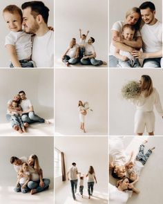 a collage of photos with people sitting on the floor and one holding a baby