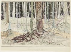 a drawing of a tree in the middle of a snowy forest with lots of trees