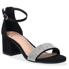 A Savvy Block Heel And Sparkly, Chunky Rhinestone Accents Combine For These City Sandals From Madden Nyc. These Block Heel Sandals Feature An Adjustable Ankle Strap And A Cushioned Insole For Added Comfort With Every Step. Elegant And Feminine, These Heeled Sandal Shoes For Women Are A Great Find For A Night Out In Your Favorite Outfit. Material: Manmade Materials Upper; Manmade Materials Outsole Care: Wipe Clean Country Of Origin: Imported Heel Height & Type: 2.25” Block Heel Closure: Adjustabl Black Rhinestone Sandals For Prom, Evening Sandals With Bling, Synthetic Material, Evening Sandals With Bling In Synthetic Material, Evening Synthetic Sandals With Bling, Evening Bling Synthetic Sandals, Madden Girl Sandals, Madden Nyc, Tie Heels, Womens Pumps