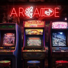 three arcade machines with neon signs above them