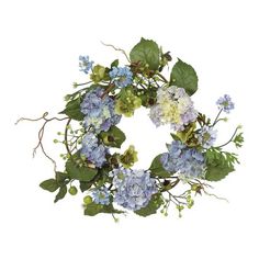 a wreath with blue flowers and green leaves