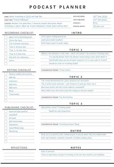 Podcast Planner! Use this EDITABLE Podcast Template as a checklist to plan your episode script and create content for your Podcast! This Printable Worksheet can be used to plan and track key conversation topics, triggers and your workflow. Separate checklists for all stages of your workflow: from recording, to editing and publishing! ✔ Plan your podcast episode on one page ✔ Checklists to cover the whole workflow: Recording, Editing and Publishing ✔ EDITABLE Template: personalize to suit your ne Podcast Checklist, Podcast Planner, Calendar Logo, Podcast Template, Podcast Setup, Pod Cast, Creative Podcast, Podcast Tips