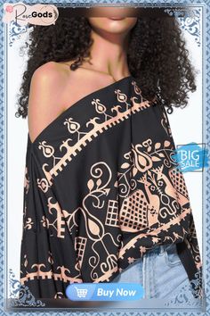 Ethnic Lantern Sleeve Cold Shoulder Loose T-shirt Black Long Sleeve Top With Boho Print, Bohemian Graphic Print Tops For Vacation, Bohemian Patterned Blouse With Graphic Print, Bohemian Blouse With Graphic Print In Patterned Color, Patterned Bohemian Blouse With Graphic Print, Patterned Printed Bohemian Tops, Bohemian Patterned Printed Tops, Black Bohemian Tops With Boho Print, Bohemian Graphic Print Blouse For Beach