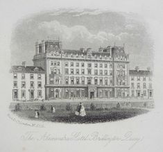 an old drawing of a large building with people standing in front and on the outside