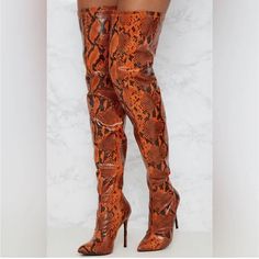 Never Worn. True To Size Orange Thigh High Boots, Snake Skin Boots Outfit, Orange Snake, Snake Skin Boots, Asos Shoes, Boots Outfit, Thigh High Boots