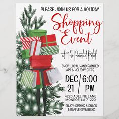 a flyer for a holiday shopping event with presents on the tree and lights in the background