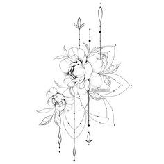 a black and white drawing of flowers with arrows