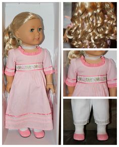 the doll is wearing a pink dress and white pants