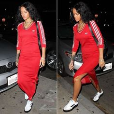 Adidas Dress Street Styles, Rihanna Adidas, Sambarose Adidas Outfit, Adidas Dress Outfits, Adidas Sambarose, Samba Shoes, Adidas Dress, Rihanna Outfits, Samba Outfit