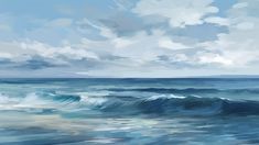 an abstract painting of blue ocean waves with white clouds in the sky and light blue water