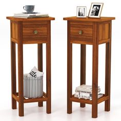 two small wooden tables side by side with pictures on top and one holding a coffee cup