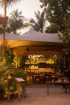 an outdoor dining area with tables and chairs under a canopy at dusk, surrounded by palm trees