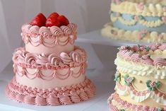 three different types of cakes are on display