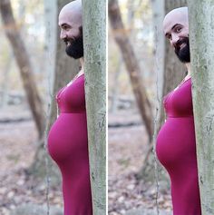 a man with a bald head and beard in a pink dress standing next to a tree