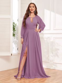 #color_Dusty Purple Flowy Long Sleeve Evening Dress For Formal Events, Long Sleeve Bridesmaid Gown For Prom Season, Evening Chiffon Long Sleeve Dress, Elegant Long Sleeve Chiffon Dress, Solid Color Long Sleeve Chiffon Evening Dress, Long Sleeve Evening Dress With Sweep Train For Bridesmaid, Elegant Long Sleeve Bridesmaid Maxi Dress, Long Sleeve Bridesmaid Dress For Prom Season Banquet, Chiffon Long Sleeve Dresses With Sweep Train