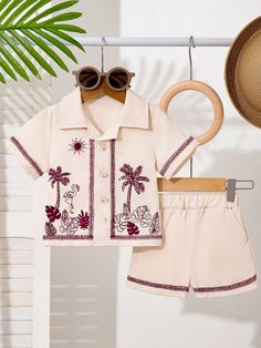 2pcs Baby Boys Summer Vacation Embroidered Tropical Floral Print Polo Shirt And Shorts Set Burgundy     Plants  Non-Stretch,Slight Stretch  Baby Boys Clothing, size features are:Bust: ,Length: ,Sleeve Length: Shirt And Shorts Set, Streetwear Girl, Baby Boy Summer, Cardigan Casual, Printed Polo Shirts, Shirt And Shorts, Tropical Floral Print, Sweatshirt Short Sleeve, Boys Set