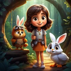 a girl standing next to an owl and bunny in the forest with another rabbit behind her