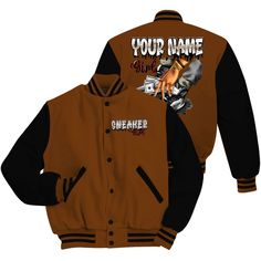 Brand Dunkare Archaeo Brown 5s Varsity Jacket Custom Name Sneaker Girl Money All Over Print Baseball Varsity Jacket Brown Varsity Jacket With Letter Print For Fall, Urban Fitted Outerwear For College, Urban Fitted Outerwear For Campus, Fitted Urban Outerwear For College, Brown Hooded Varsity Jacket For Streetwear, Hip Hop Long Sleeve Winter Outerwear, Hip Hop Style Long Sleeve Winter Outerwear, Hip Hop Style Winter Outerwear, Fitted Urban Varsity Jacket For Fall