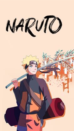 a man holding a surfboard in his hand and the words naruto above him