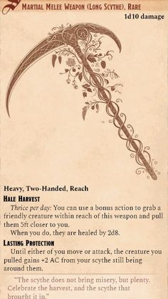 Pathfinder Magic Items, Dnd Magic Scythe, Magical Artifacts Dnd, Dnd Legendary Swords, Dnd Scythe Item, Druid Magic Items, Dnd 5e Magic Items Homebrew, Dnd Longbow, Dnd Magic Items Homebrew