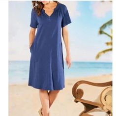 Short Sleeve Stretch Cotton Dress In Blue Indigo New, Never Been Worn A7 Blue Split Neck Dress For Daywear, Blue Split Neck Beach Dress, Casual Split Neck Midi Dress For The Beach, Soft Surroundings Dresses, Soft Surroundings, Cotton Dress, Cotton Dresses, Stretch Cotton, Blue Dresses