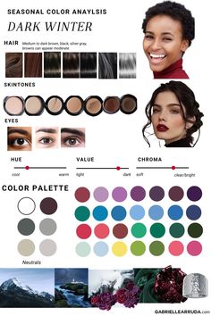 Color Seasons Palette, Winter Deep Color Palettes, Deep Winter Color Palette Hair, Deep Winter Colour Palette, Deep Winter Color Palette Makeup, Deep Winter Outfits For Summer, Deep Winter Color Analysis, Dark Winter Color Palette Hair, Deep Summer Color Palette