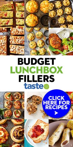 a bunch of food that is on top of a table with the words budget lunchbox fillers taste