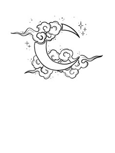 a drawing of the moon with clouds and stars on it's side, in black and