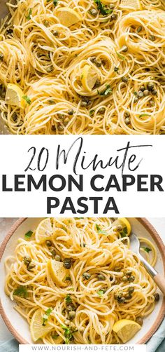 lemon caper pasta in a white bowl with text overlay