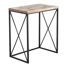 a wooden table with metal legs and a wood top on a white background for use as a side table