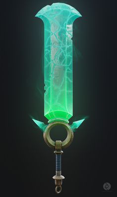 a green light up device with two swords on it's end and an arrow in the middle