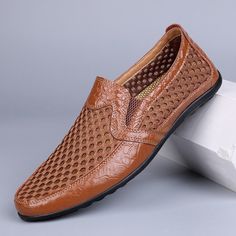 Casual Business Dress Shoes For Summer, Summer Slip-on Dress Shoes, Casual Summer Dress Shoes For Business, Casual Summer Business Dress Shoes, Brown Slip-ons With Perforations And Round Toe, Brown Perforated Round Toe Slip-ons, Casual Summer Dress Shoes With Rubber Sole, Casual Summer Dress Shoes With Leather Sole, Leather Moccasins For Business In Summer