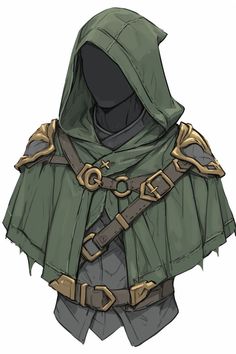 a drawing of a person wearing a green cloak and hood with gold accents on it