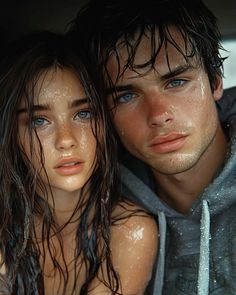 a man and woman sitting in the back of a car covered in water, with wet hair