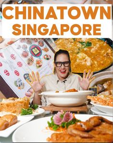 a man sitting at a table with food in front of him and the words chinatown singapore on it