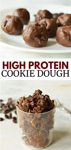 chocolate cookie dough balls, cookie dough in a glass Chocolate Protein Recipes, Protein Cookie Dough Recipe, Protein Powder Cookies, Healthy Chocolate Cookies, High Protein Cookies, Protein Balls Recipes