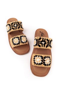 Hi. Hello. These sandals love long walks on the beach, summer shopping, + all things fun in the sun. The slip on style, backless design, + flat sole with open round toe is going to be your go to footwear from April to October. Thick toe straps adorned with a crocheted granny square inspired design in black + cream will match denim cutoffs, biker shorts, + flirty floral skirts. Effortless style is what I love + these slides are exactly that :) Lined footbed Made from Cotton + Rubber Floral Skirts, Hi Hello, Summer Shopping, Crochet Sandals, First Day Of Spring, Backless Design, Long Walks, Crochet Shoes, Denim Cutoffs