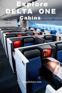 the inside of an airplane with blue seats and red trimmings, text reads explore delta one cabins