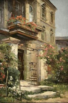 a painting of an old house with flowers on the balcony