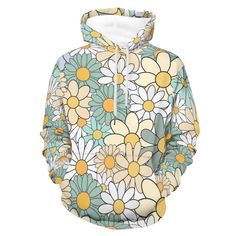 Daisy Hoodie Oversized Unisex - Blue and Beige Floral Print Don't miss our oversized unisex hoodie with an all-over print of daisies in shades of blue and beige! This fresh and versatile design will be your new favorite. Remember to check our size guide before placing your order to ensure you choose the perfect fit. Perfect for any occasion, from a casual look to a trendier outfit. Air layer fabric, moderate feel.* Pullover hood with hood cord design, easy to adjust.*  Kangaroo front pocket desi Spring Long Sleeve Fleece Hoodie, Spring Crew Neck Sweater With Drawstring Hood, Spring Fleece Sweater With Drawstring Hood, White Hooded Sweater For Spring, White Hooded Spring Sweater, Spring Hooded Sweater With Graphic Print, Spring Letter Print Hoodie Sweater, Spring Graphic Print Hooded Sweater, Spring Fleece Hoodie Sweater